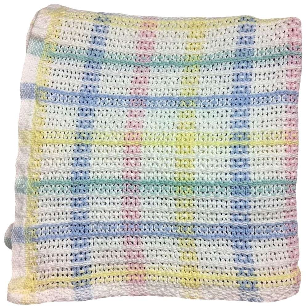 Vtg Beacon Open Weave Baby Blanket White Pastel Blue Green Yellow Pink Cotton